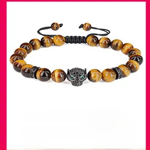 8mm Tigerauge-Perlenarmband mit einem schwarzen Panther-Kopf im Vintage-Stil