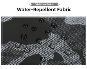 Macro view of water-repellent camo fabric with clear water droplets for men's chest bag