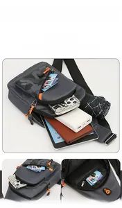 Detail view of trendy men's sling bag showing large capacity and internal pockets