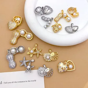 Detailed macro view of various pearl and crystal pendant styles for DIY jewelry making
