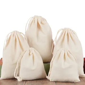 Lot de pochettes en coton épais beige naturel avec cordon de serrage de différentes tailles