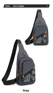 Gray fashionable men's chest bag with camouflage detail shown from multiple angles