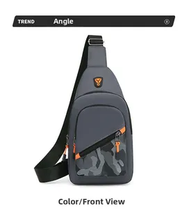 Front view of a minimalist grey men's chest bag with stylish orange accents and camo pocket