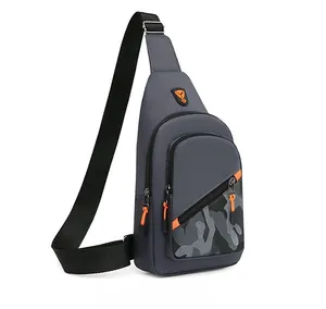 Grey men's fashion chest bag with camouflage detail and orange accents in side view