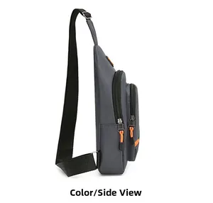 Side view of a minimalist grey men's sling bag with vibrant orange zipper accents.