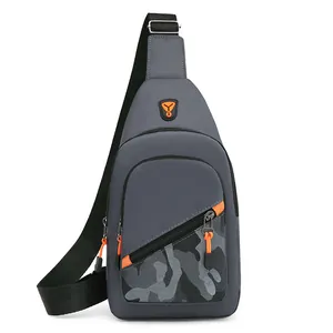 Modern grey water-resistant men's sling bag with orange accents and camo front pocket