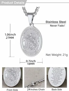 Detailed view of Saint Michael stainless steel pendant necklace with 24 inch box chain