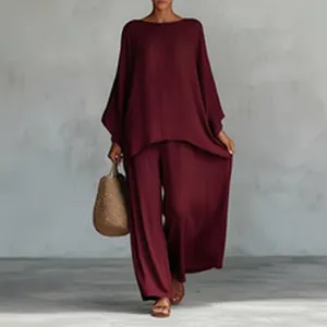 Ensemble deux pièces décontracté haut manches longues et pantalon large bordeaux femme