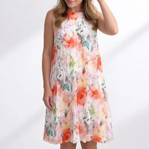 Detail shot of a sleeveless A-line dress featuring vibrant watercolor floral prints
