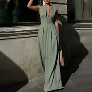 Elegant sage green sleeveless jumpsuit with a front zipper and wide-leg design