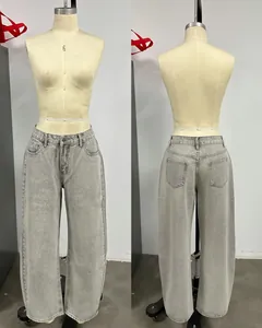 High-waisted wide-leg vintage washed grey denim jeans displayed in front and back views