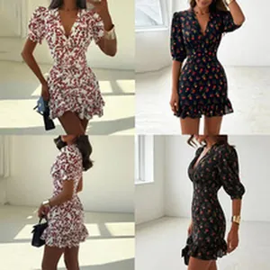 Collage showing front and side views of the elegant floral puff sleeve V-neck short dress