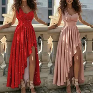 Elegant asymmetric high-low evening dresses in vibrant red and dusty pink colors