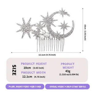 Detail view showing measurements of celestial star and moon rhinestone bridal hair comb