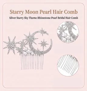 Detailed macro view of silver star and moon rhinestone hair comb with elegant pearl accents