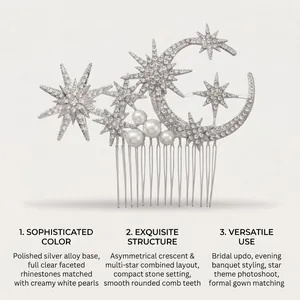 Detailed close-up of a silver crescent moon and star hair comb with white pearls