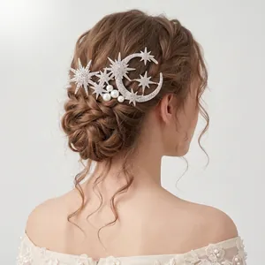 Bridal Hair Comb Alloy Rhinestone Imitation Artificial Pearl Star Moon Celestial Design Headpiece For Wedding Party Women Styling Accessory