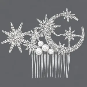 Elegant silver celestial moon and star rhinestone hair comb with pearls for bridal wedding updo.