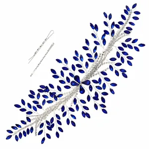 Exquisite handgefertigte silberne Brauthaar-Ranke mit blauen Kristallen und Strasssteinen
