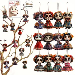 Mexican Day of the Dead 2D flat wooden skull hanging ornaments for festive home decor