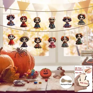 Detailed view of 2D flat wooden Day of the Dead skeleton girl ornaments with rope.
