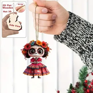 2D flat wooden Day of the Dead ornament with colorful skeleton girl design