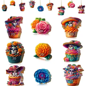 Detailed view of colorful 2D Day of the Dead skull and flower wooden ornaments