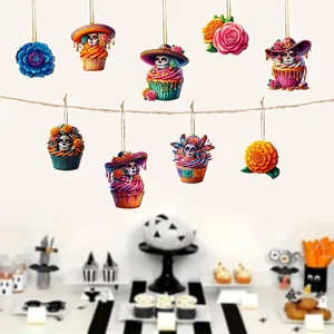 Vibrant Mexican Day of the Dead wooden ornaments hanging in a festive party setting
