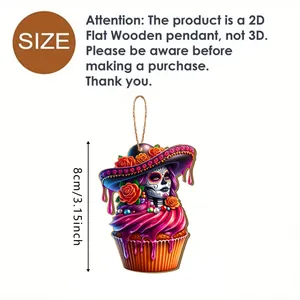 Dimensions of 2D flat wooden Mexican Day of the Dead skull cupcake pendant decoration