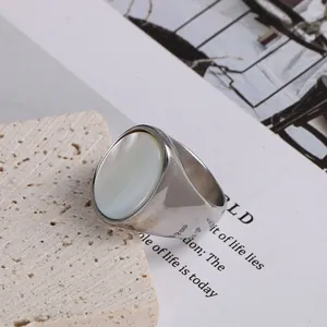 Anello In Acciaio Inossidabile Con Madreperla Ovale Largo Sigillo Gioielli Di Moda Per Donne Uomini