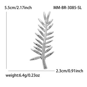 Silver-toned leaf brooch pin with size and weight measurements shown on white background.