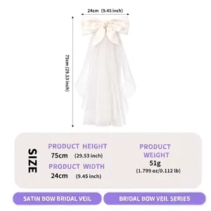 Detailed size and weight specifications for the white satin bow bridal veil.