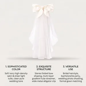 Detailed view of an ivory satin bow bridal veil featuring multi-layer sheer light tulle