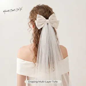 Elegant White Bridal Bow Veil Double Layer Satin Bow Mesh Wedding Hair Accessory For Bride Princess Photo Shoot Party