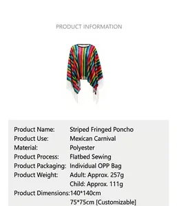 Product details for Mexican rainbow striped poncho with fringe and size information