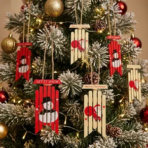 Ornements Suspendus en Bois de Noël Traîneau Père Noël Bonhomme de Neige Imprimé Décorations d'Arbre pour Maison Fête