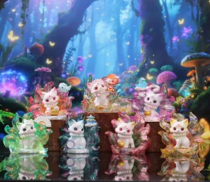 Collection de figurines de renard à neuf queues avec un fond de forêt mythique coloré