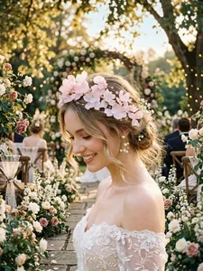 Dettaglio del cerchietto da sposa con fiori in tessuto rosa indossato in un giardino.