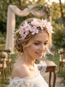 Vista dettagliata di una fascia per capelli con fiori di stoffa rosa fatti a mano