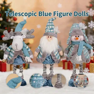 Blue Scandinavian Style Retractable Christmas Plush Reindeer Snowman Santa Claus Ornament For Home Holiday Party Decoration Gift