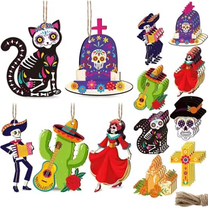 Assorted Day of the Dead wooden hanging ornaments with Mexican sugar skull folk art motifs