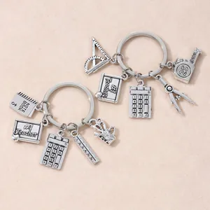 Teacher Appreciation Gift Keychain Zinc Alloy Creative Pendant Ruler Apple Book School Science Theme Graduation Souvenir