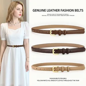 Women Thin Belt Genuine Cowhide Leather Simple Fashion Commuter Accessory With Alloy Pin Buckle Versatile Elegant
