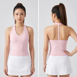 Soutien-gorge de sport dos nu rose pour yoga et pilates, vue avant et arrière détaillée