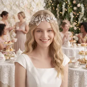 Elegant bridal headband with white pearls and crystals on a blonde model at a wedding