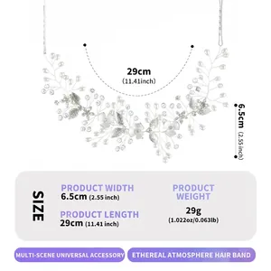 Detailed specification chart showing 29cm length and 6.5cm width of pearl bridal hairband