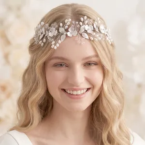 Luxury Silver Bridal Hair Vine Headband Handcrafted Flower Leaf With Artificial Pearls And Crystals For Wedding Party Women Jewelry