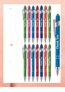 Detalle de bolígrafos táctiles 2 en 1 de colores con el texto 'Thank You'