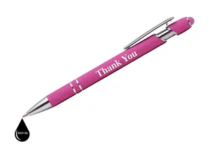 Vista dettagliata della penna stylus in metallo rosa con scritta Thank You e inchiostro nero