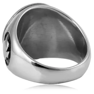 Durable polished stainless steel signet ring featuring a detailed side clover emblem
